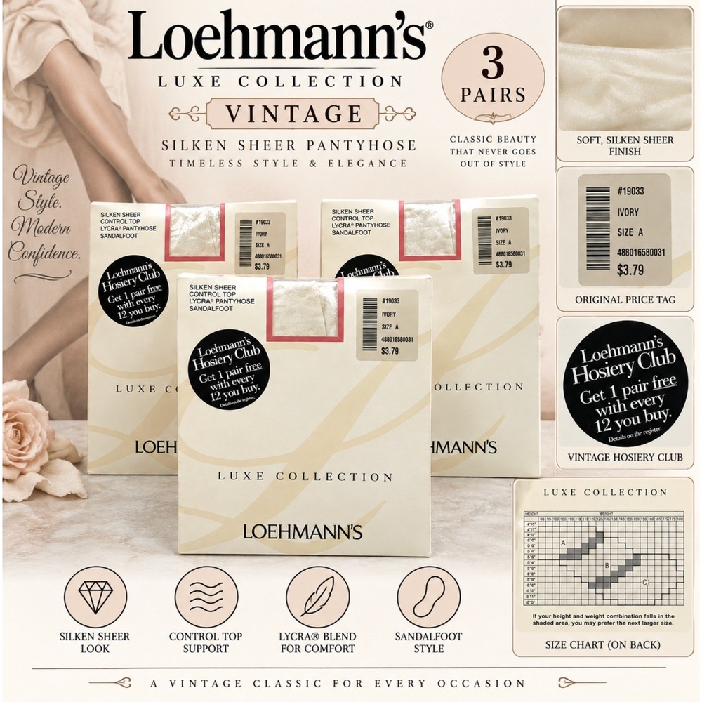 Vintage Loehmann's Pantyhose Size A Ivory Silken Sheer Control Top NOS 3 Pair